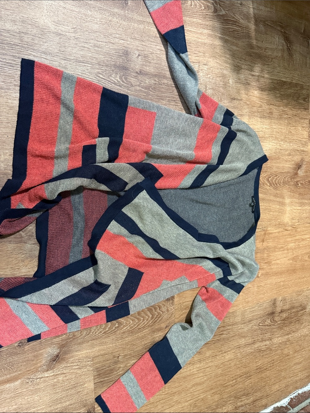 Staccato Striped Open-Front Cardigan in Gray, Navy & Coral